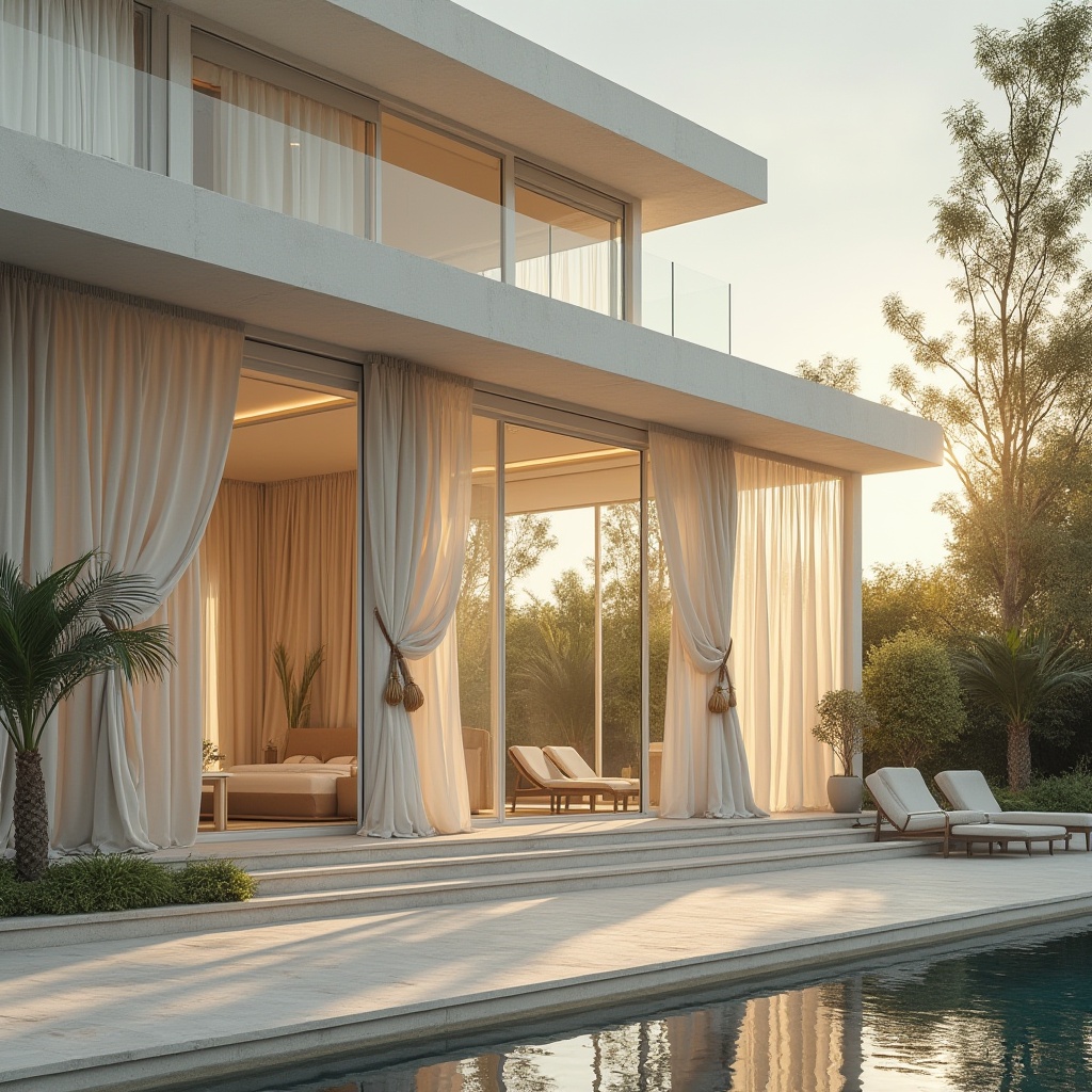 Prompt: Luxurious villa exterior, sleek modern facade, floor-to-ceiling windows, sliding glass doors, flowing white curtains, subtle sheers, natural linen textures, warm golden lighting, soft morning glow, shallow depth of field, 1/1 composition, realistic reflections, ambient occlusion, stylish valances, minimalist cornices, elegant swag treatments, flowing drapery, sophisticated tiebacks, ornate tassel details.