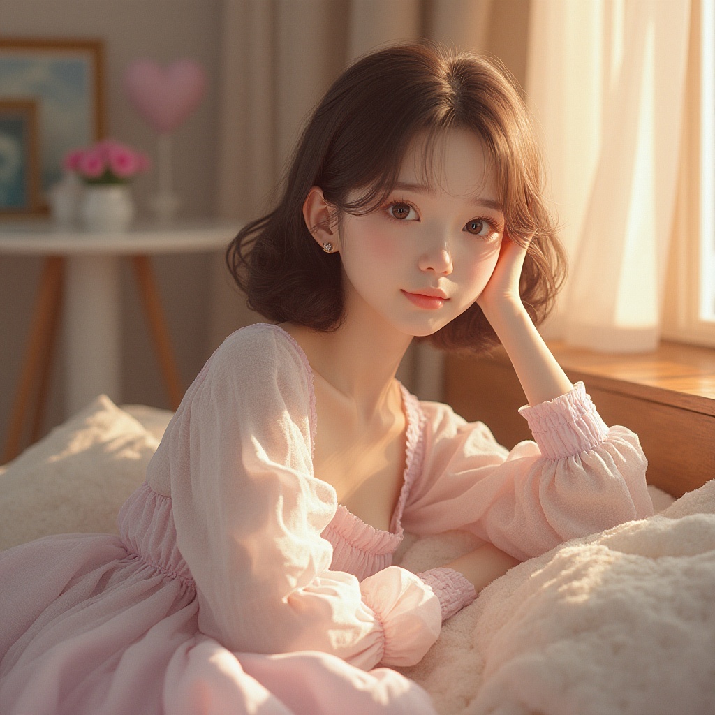 Prompt: Soft lilac hue, pastel shades, creamy whites, warm beige tones, rich walnut wood accents, natural linen fabrics, subtle sheen, delicate florals, whimsical illustrations, dreamy atmosphere, warm golden lighting, shallow depth of field, 1/2 composition, intimate portrait view, realistic textures, ambient occlusion.