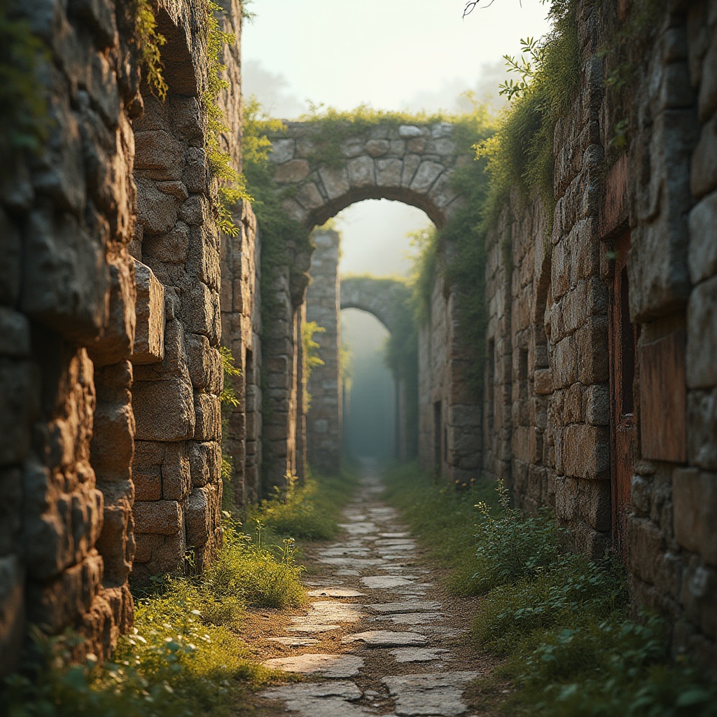 Prompt: Rough stone walls, natural rock formations, earthy tones, weathered wood accents, rusty metal cladding, distressed concrete surfaces, tactile brick textures, moss-covered roofs, overgrown ruins, abandoned industrial sites, misty atmospheric conditions, warm golden lighting, shallow depth of field, 1/2 composition, symmetrical framing, realistic material responses, subtle ambient occlusion.