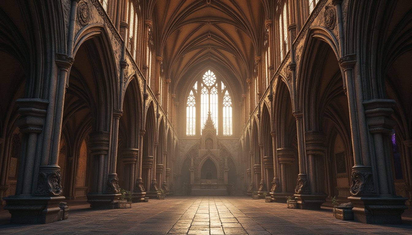 Prompt: Intricate stone carvings, ribbed vaults, pointed arches, flying buttresses, stained glass windows, grandiose nave, ornate capitals, slender columns, dramatic verticality, richly decorated fa\u00e7ade, mystical atmosphere, warm soft lighting, misty day, shallow depth of field, 1/2 composition, symmetrical framing, high-angle shot, detailed textures, ambient occlusion.