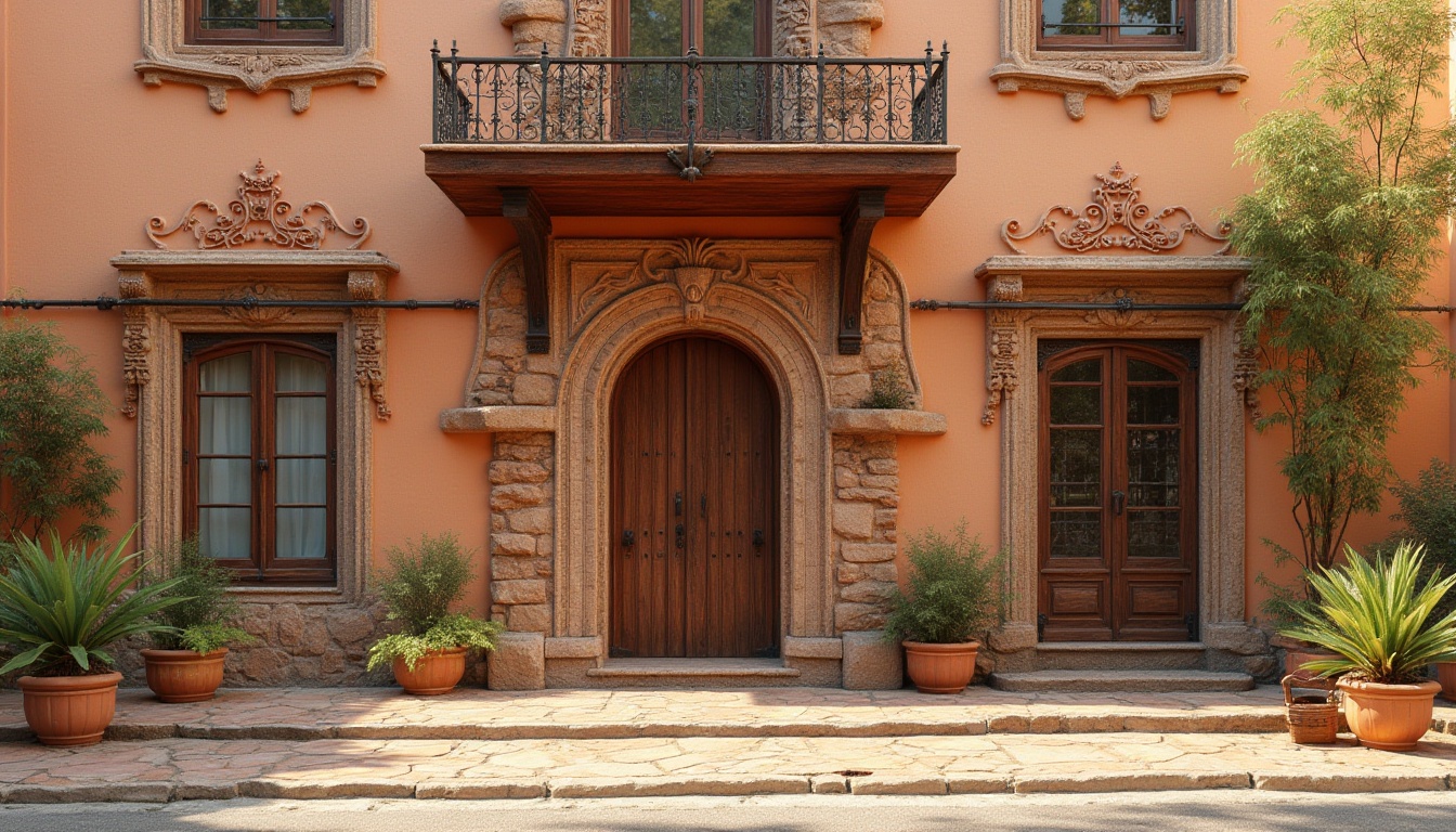 Prompt: Earth-toned facade, regionalism style, curved lines, ornate details, rustic textures, natural stone cladding, wooden accents, vibrant cultural patterns, intricate tile work, arched windows, ornamental railings, earthy color palette, warm sunny day, soft diffused lighting, shallow depth of field, 2/3 composition, realistic materials, ambient occlusion.