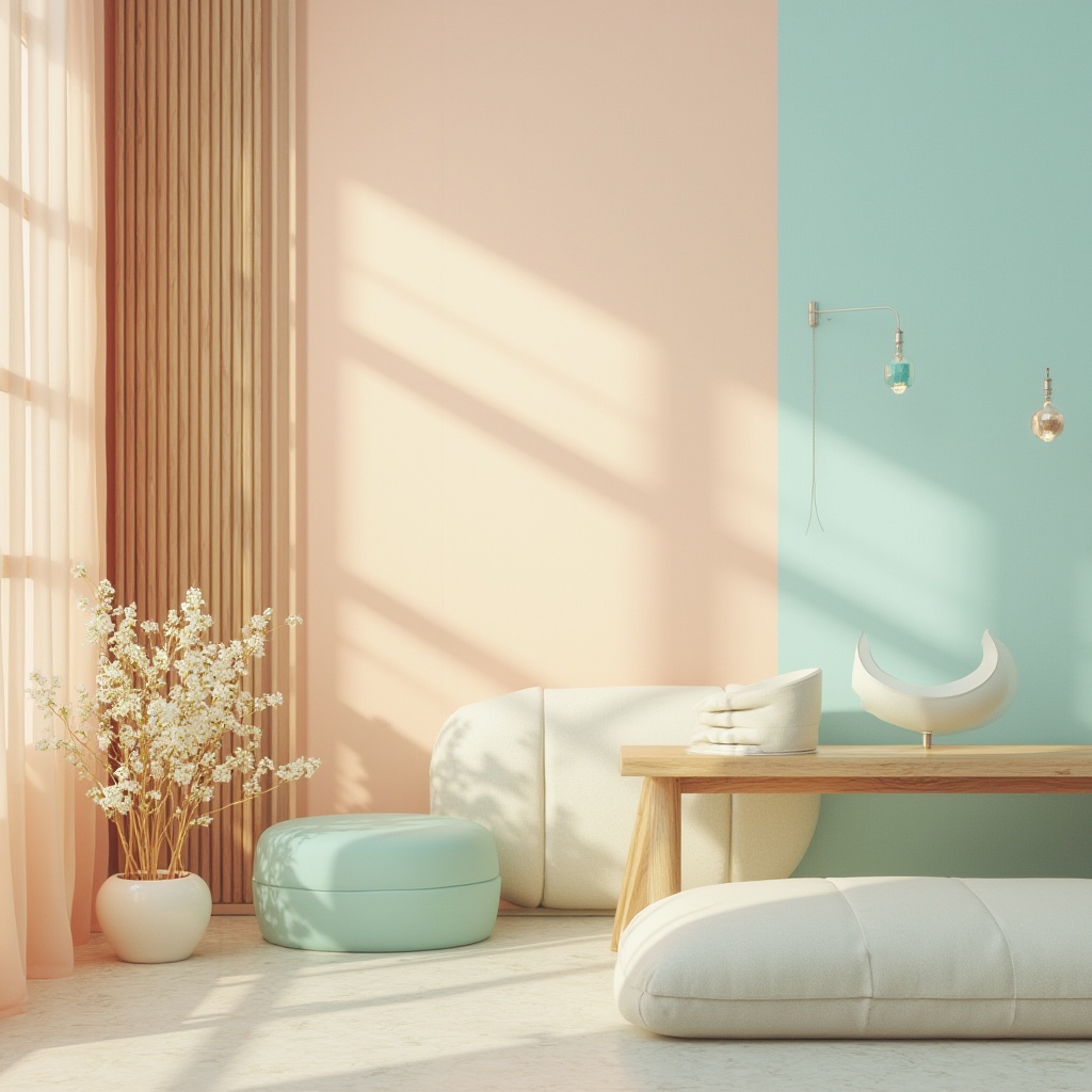 Prompt: Vibrant pastel colors, soft peach tones, calming blue hues, gentle mint greens, warm beige textures, rich wood accents, elegant metallic sheens, subtle gradient effects, harmonious color balance, soothing atmosphere, natural light reflections, delicate patterns, intricate geometric shapes, 1/1 composition, shallow depth of field, realistic renderings, ambient occlusion.