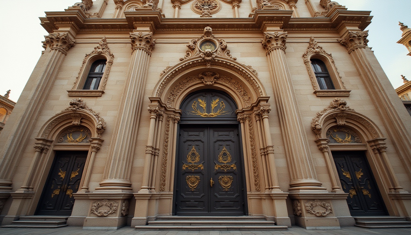 Prompt: Ornate church facade, Baroque architectural style, grandiose entrance, intricately carved stone details, ornamental cornices, majestic columns, rusticated quoins, arched windows, stained glass, decorative pilasters, sculpted tympanums, gilded accents, classical orders, symmetrical composition, warm golden lighting, shallow depth of field, 1/1 aspect ratio, realistic textures, ambient occlusion.