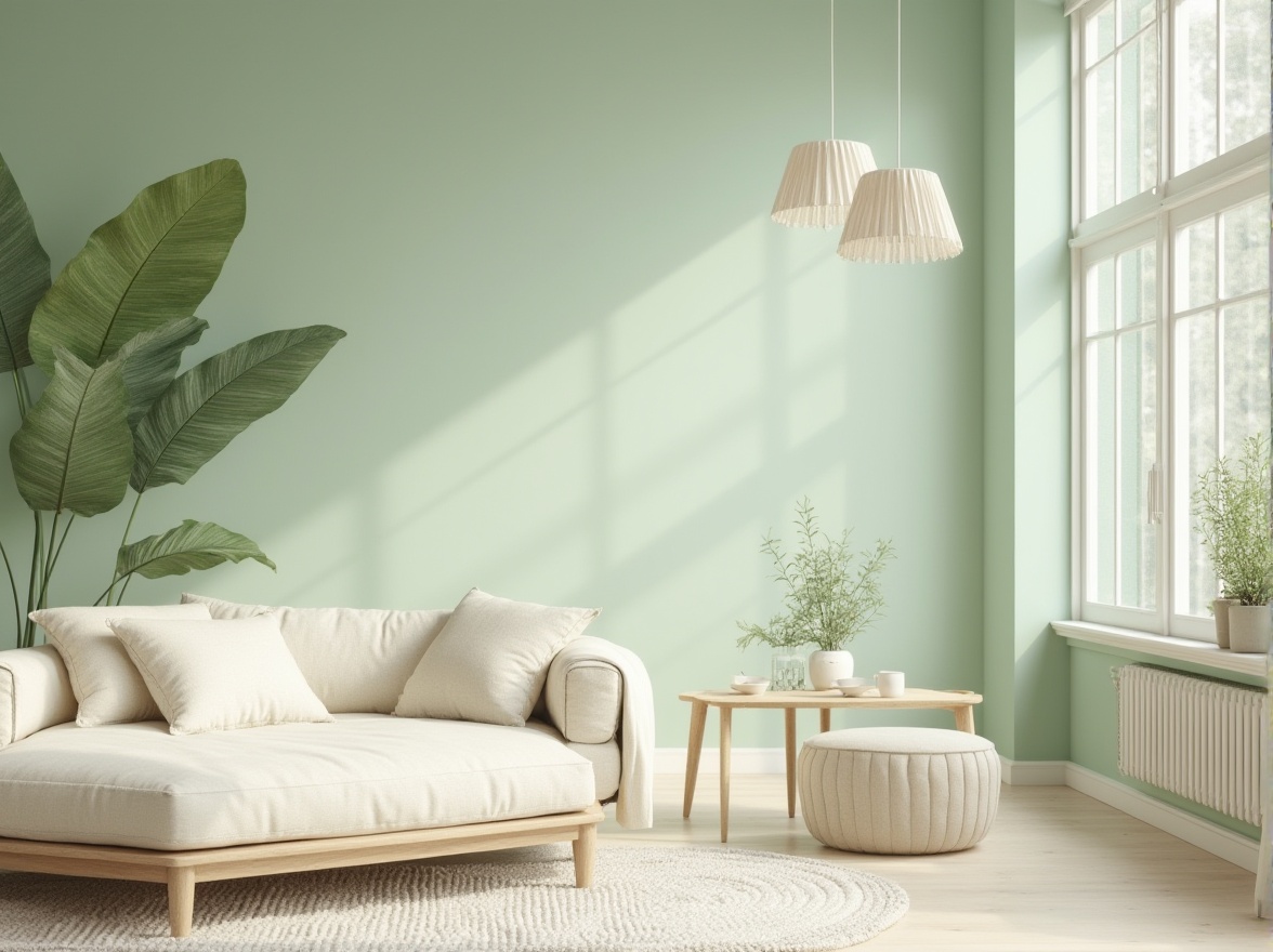 Prompt: Pastel-hued interior design, calming mint accents, soft greenery, creamy whites, warm beige tones, natural textures, organic shapes, minimal ornamentation, Scandinavian-inspired furniture, elegant simplicity, airy atmosphere, abundant natural light, subtle shadows, 1/2 composition, shallow depth of field, realistic reflections, ambient occlusion.