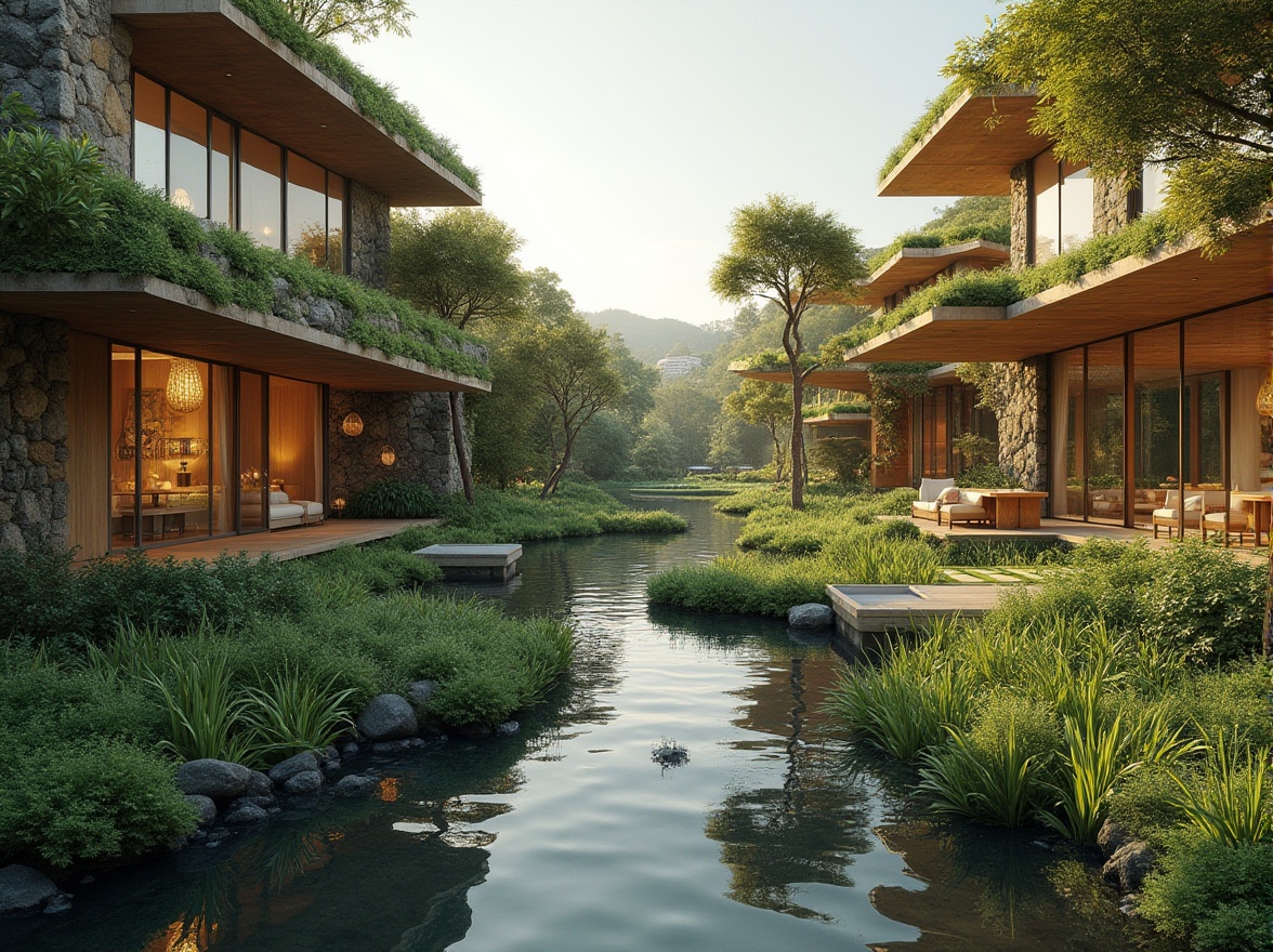 Prompt: Harmonious landscape integration, lush green roofs, native plant species, meandering walkways, water feature installations, natural stone walls, earthy tone buildings, minimalist architecture, large windows, sliding glass doors, cantilevered overhangs, wooden accents, warm ambient lighting, soft focus blur, 2/3 composition, symmetrical framing, realistic vegetation rendering.