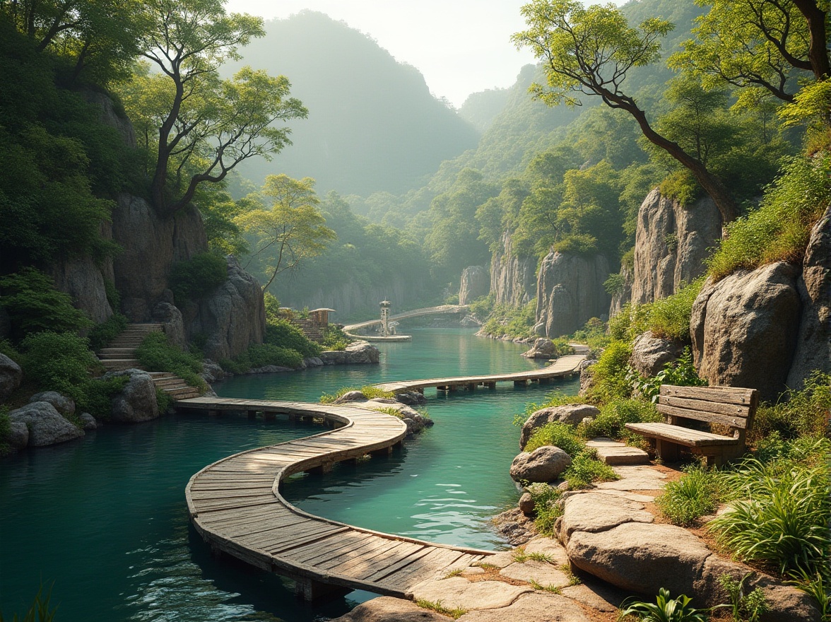 Prompt: Seamless landscape integration, organic curves, natural stone walls, lush greenery, native plant species, meandering water features, serene lakeside, wooden docks, rustic benches, weathered wood accents, earthy color palette, warm sunlight filtering, dappled shadows, soft focus, shallow depth of field, 1/1 composition, realistic textures, ambient occlusion.