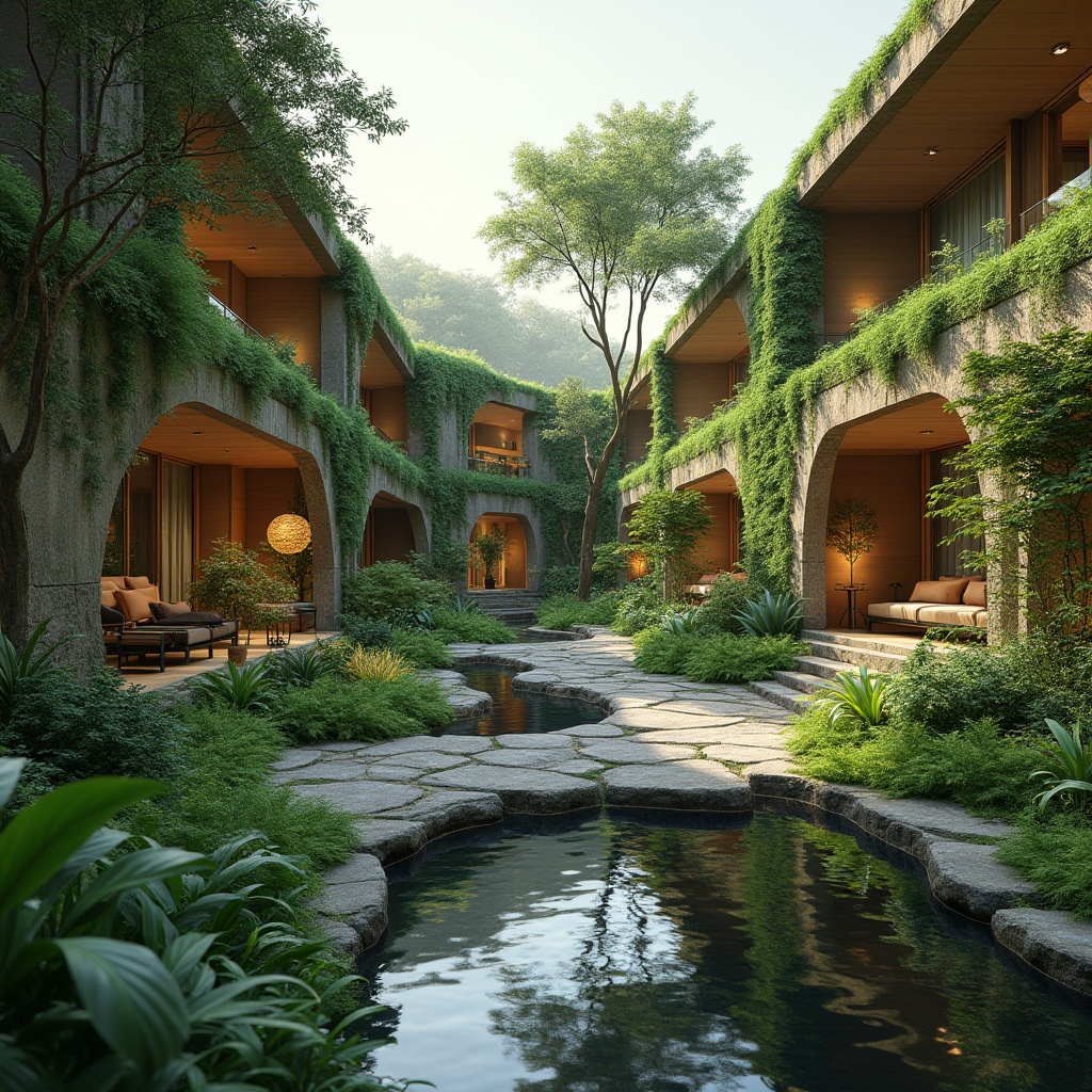 Prompt: Harmonious landscape integration, lush green roofs, verdant walls, natural stone paving, meandering walkways, serene water features, reflective pools, vibrant flora, native plant species, organic architecture, curved lines, earthy tones, sustainable design, eco-friendly materials, maximized natural light, softened artificial lighting, blurred boundaries, 1/2 composition, atmospheric perspective, realistic textures, ambient occlusion.