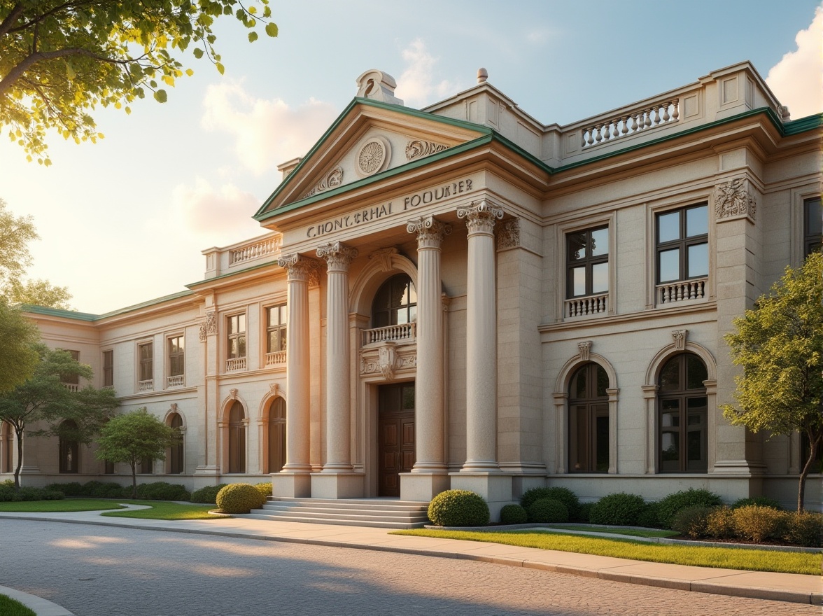 Prompt: Elegant middle school facade, classical columns, ornate arches, rusticated stone walls, grand entrance, symmetrical composition, beige limestone, green roof tiles, decorative pediments, subtle carvings, soft golden lighting, warm afternoon sun, shallow depth of field, 1/2 composition, realistic textures, ambient occlusion.