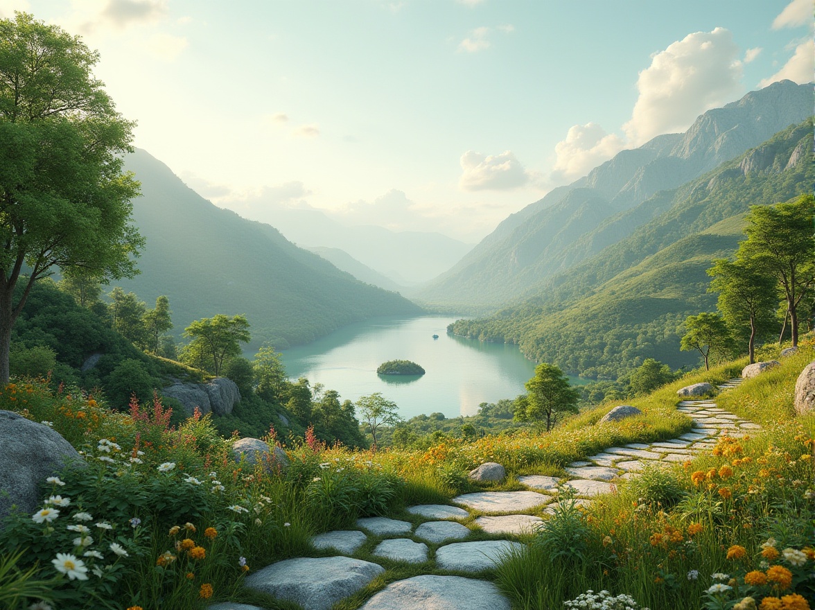 Prompt: Soothing natural landscape, rolling hills, serene lakeside, lush green forests, vibrant wildflowers, meandering stone pathways, eco-friendly architecture, sustainable design elements, solar panels, wind turbines, recycled materials, organic textures, earthy color palette, soft warm lighting, shallow depth of field, 3/4 composition, panoramic view, realistic renderings, ambient occlusion, gentle misting effects.Please let me know if this meets your requirements!