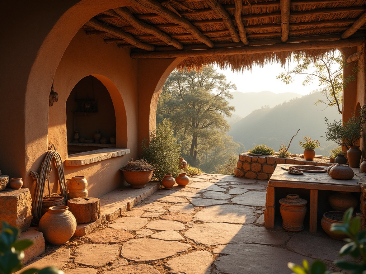 Prompt: Rustic earthy tones, natural stone walls, wooden beams, terra cotta tiles, thatched roofs, clay bricks, adobe structures, organic forms, curved lines, earth-based materials, local craftsmanship, cultural heritage, rural landscapes, rolling hills, misty mornings, warm golden lighting, soft focus, shallow depth of field, 1/2 composition, atmospheric perspective.