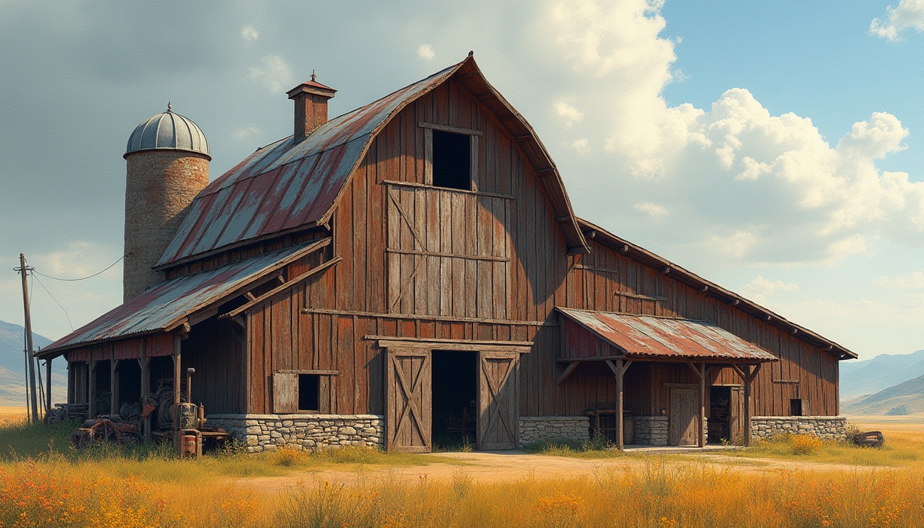 Prompt: Rustic barn, weathered wood planks, distressed metal accents, corrugated roofing, vintage agricultural equipment, earthy tones, natural stone foundations, wooden sliding doors, hayloft windows, asymmetrical composition, warm soft lighting, high contrast shadows, rough tactile textures, organic forms, expressive brushstrokes, bold geometric patterns, rural landscape, rolling hills, wildflower fields, sunny afternoon, shallow depth of field.