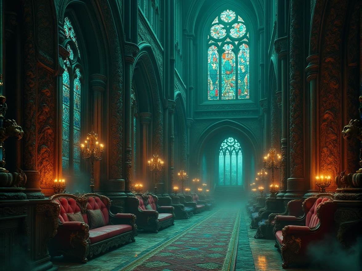 Prompt: Mysterious Gothic cathedral, ornate stone carvings, stained glass windows, rich jewel tones, emerald green, crimson red, midnight blue, gold accents, luxurious velvets, mysterious fog, eerie moonlight, dramatic shadows, high contrast ratio, warm candlelit ambiance, intricate patterns, gothic arches, ribbed vaults, flying buttresses, ornate metalwork, mysterious ancient artifacts.