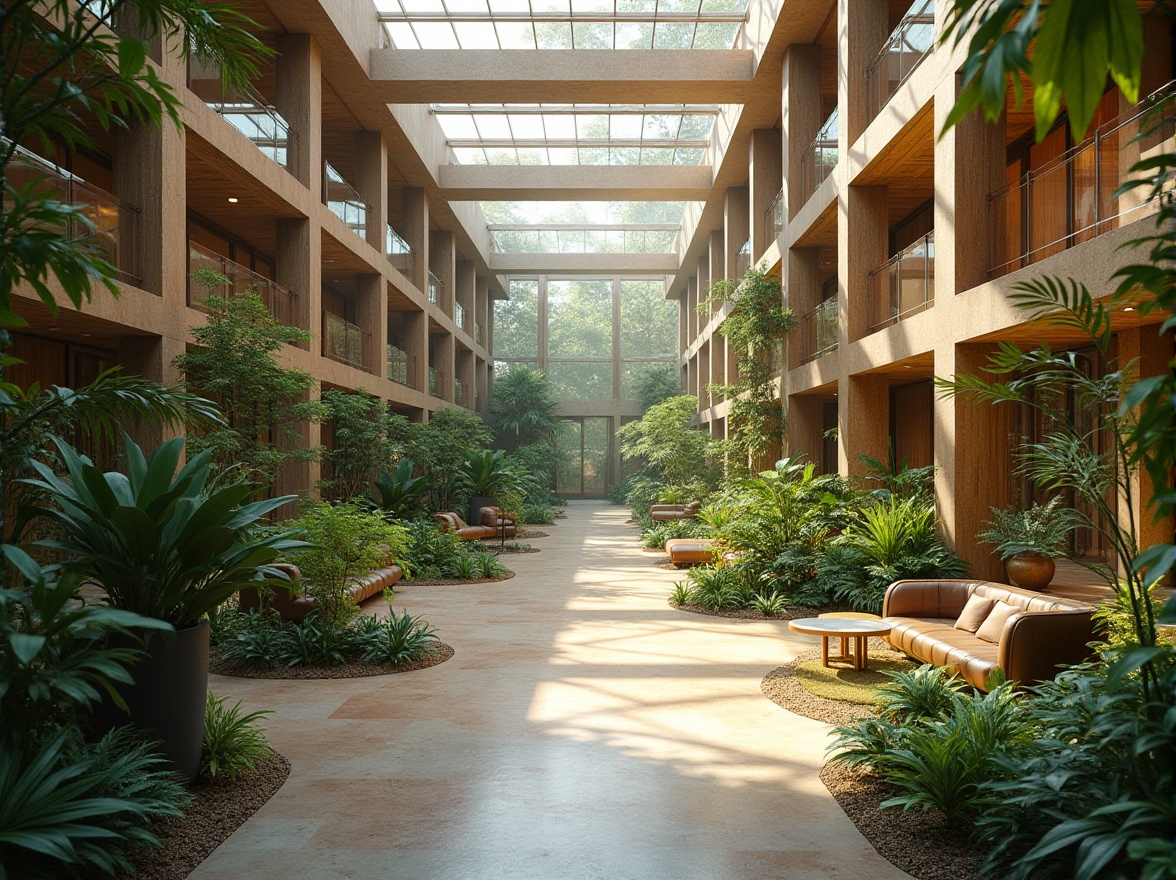 Prompt: Spacious atrium, abundance of greenery, floor-to-ceiling windows, clerestory windows, skylights, reflective surfaces, minimal shading devices, open-plan interior, natural ventilation systems, earthy color palette, organic shapes, rustic textures, warm ambiance, soft diffused lighting, high ceilings, minimalist decor, seamless transitions, blurred boundaries, symmetrical composition, 1/2 format ratio, gentle warm tones, subtle shadows.