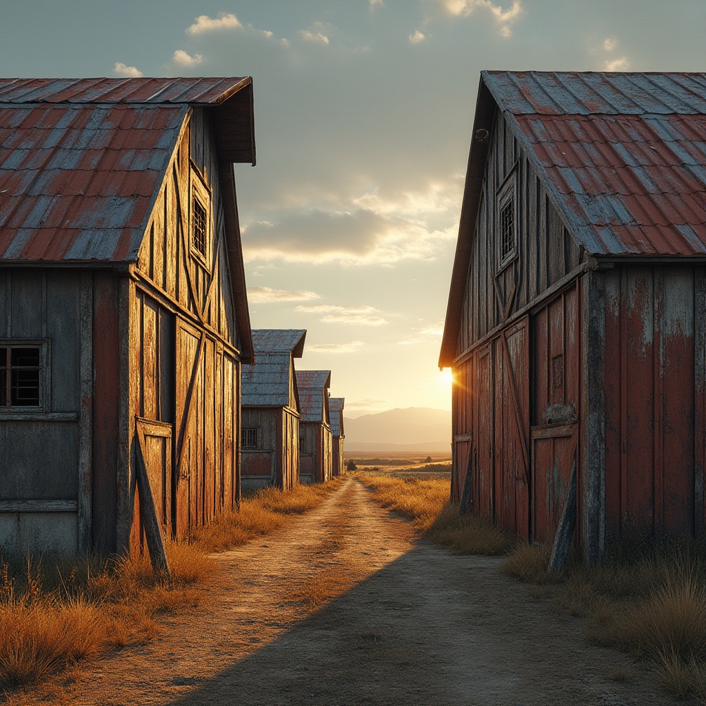 Prompt: Rustic barns, distressed wood textures, corrugated metal roofs, asymmetrical silhouettes, abstract geometric shapes, bold color accents, weathered wooden boards, exposed steel beams, industrial lighting fixtures, rural landscape, rolling hills, vast open skies, warm golden hour, soft diffuse lighting, 1/1 composition, symmetrical framing, realistic material rendering.