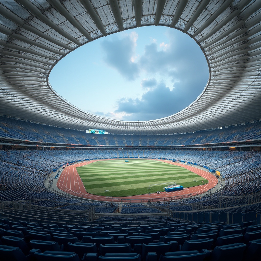 Prompt: Futuristic stadium design, sweeping curved rooflines, cantilevered overhangs, translucent membrane materials, dynamic LED lighting systems, aerodynamic wind flow, tensile fabric structures, parametric architectural forms, grandstand seating areas, athletic track fields, Olympic-sized swimming pools, state-of-the-art scoreboard displays, 360-degree panoramic views, high-angle photography, dramatic shadows, moody ambient lighting, realistic reflections, detailed textures.