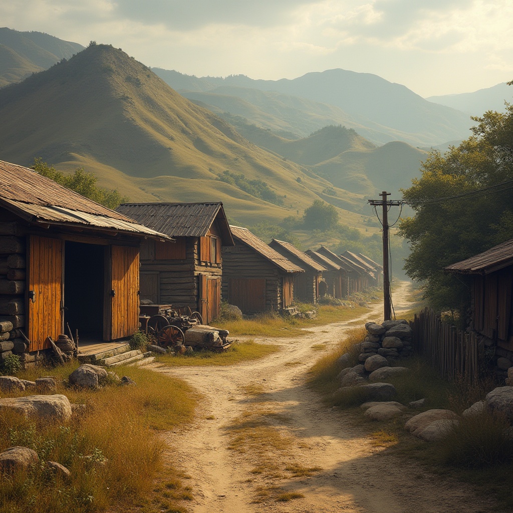 Prompt: Rustic rural landscape, rolling hills, vintage farm equipment, distressed wooden textures, corrugated metal sheets, bold angular forms, asymmetrical compositions, dramatic chiaroscuro lighting, warm earthy tones, weathered stone foundations, rugged natural surroundings, nostalgic countryside atmosphere, soft misty morning light, shallow depth of field, 2/3 composition, atmospheric perspective, impressionistic brushstrokes.