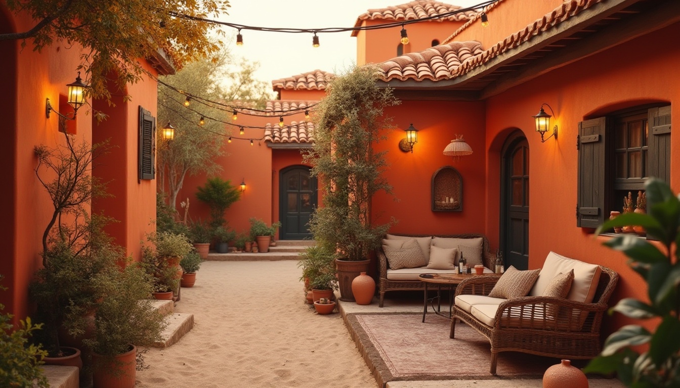 Prompt: Vibrant persimmon-hued buildings, warm earthy tones, terracotta roofs, rustic stone walls, cozy lantern-style lighting, wooden accents, natural textiles, woven rattan furniture, soft beige upholstery, earthy ceramics, sandy pathways, lush greenery, autumnal foliage, golden hour sunlight, soft warm glow, shallow depth of field, 1/2 composition, intimate atmosphere, realistic materials, ambient occlusion.