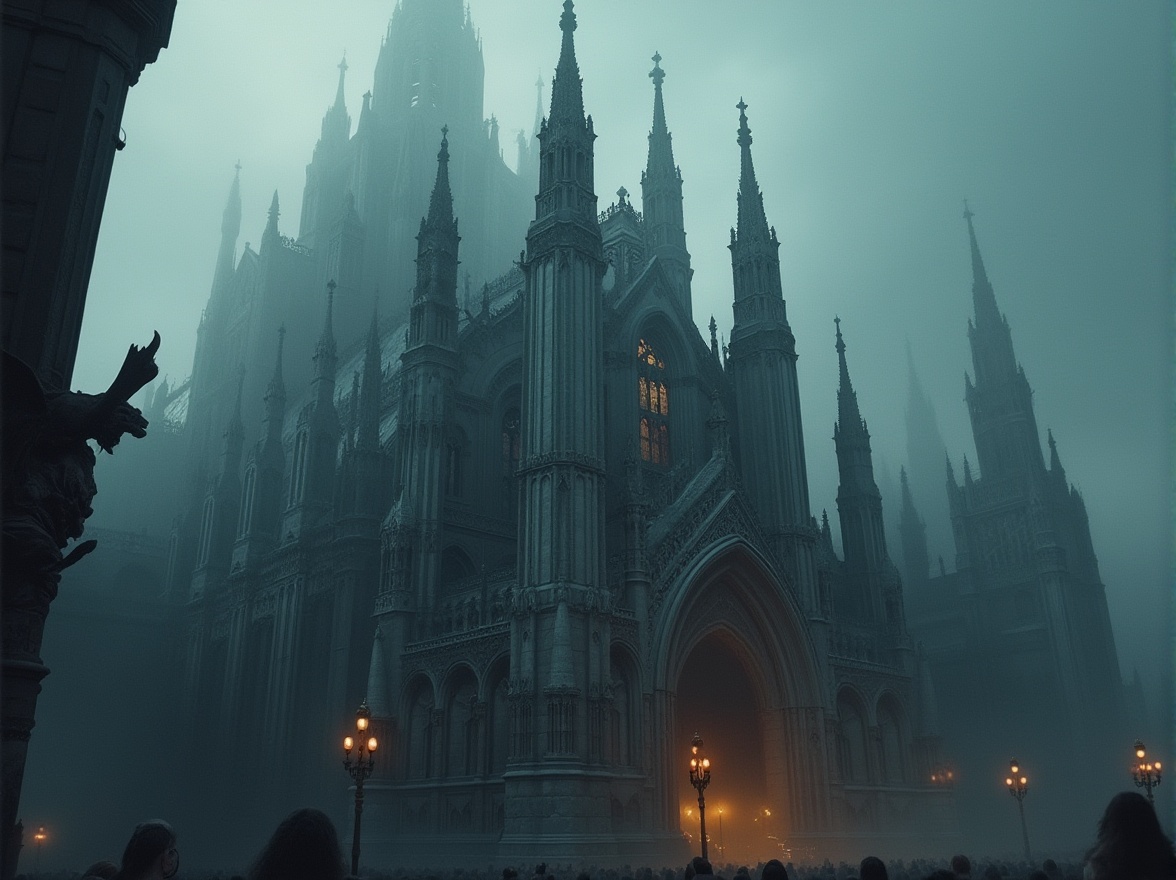 Prompt: Majestic cathedral, towering spires, intricate stone carvings, ribbed vaults, pointed arches, grandiose scale, dramatic vertical lines, ornate gargoyles, stained glass windows, mystical ambiance, atmospheric lighting, foggy mist, eerie silence, mysterious shadows, ancient history, sacred relics, solemn atmosphere, heavenly aspirations, divine inspiration, architectural mastery.