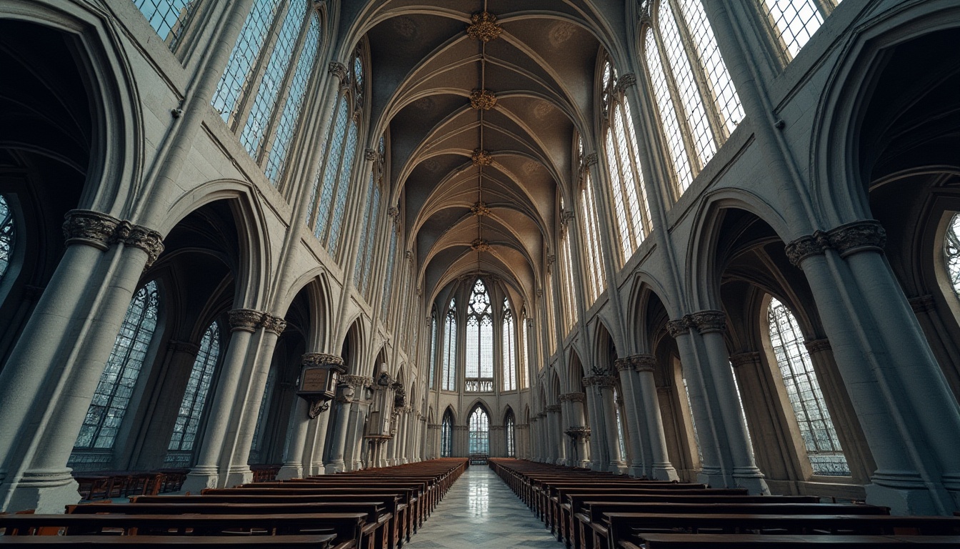 Prompt: Intricate Gothic arches, ribbed vaults, flying buttresses, ornate stone carvings, grandiose stained glass windows, steel framework, modern metallic materials, sleek silver tones, industrial textures, urban cityscape, cloudy overcast sky, dramatic spotlighting, high contrast ratio, 1/2 composition, realistic reflections, ambient occlusion.