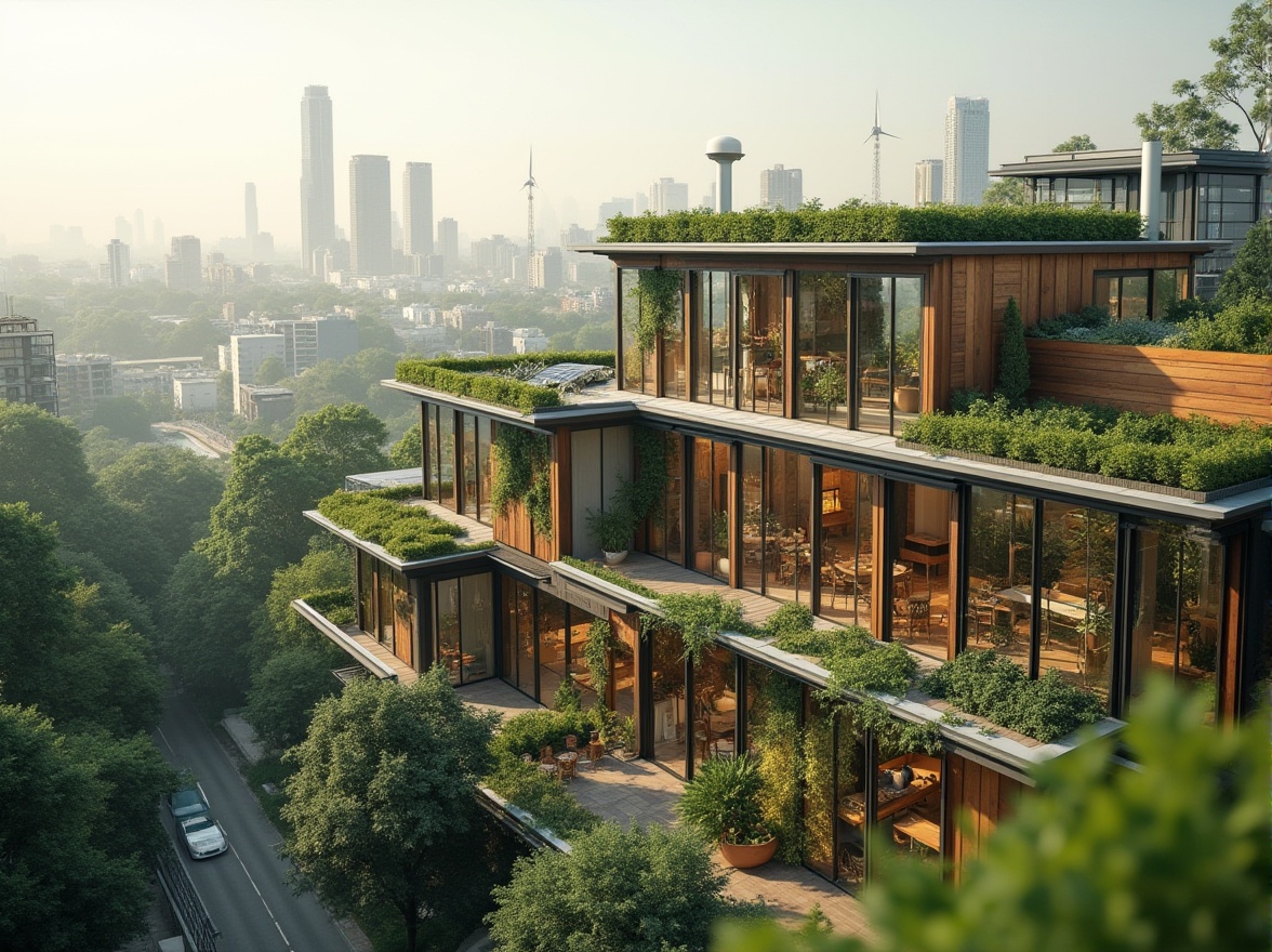 Prompt: Eco-friendly buildings, recycled materials, low-carbon footprint, green roofs, solar panels, wind turbines, rainwater harvesting systems, natural ventilation, large windows, minimalist design, angular lines, industrial chic aesthetic, urban landscape, cityscape, modern architecture, sleek metal frames, reclaimed wood accents, living walls, vertical gardens, organic shapes, earthy tones, soft warm lighting, shallow depth of field, 3/4 composition, panoramic view, realistic textures, ambient occlusion.