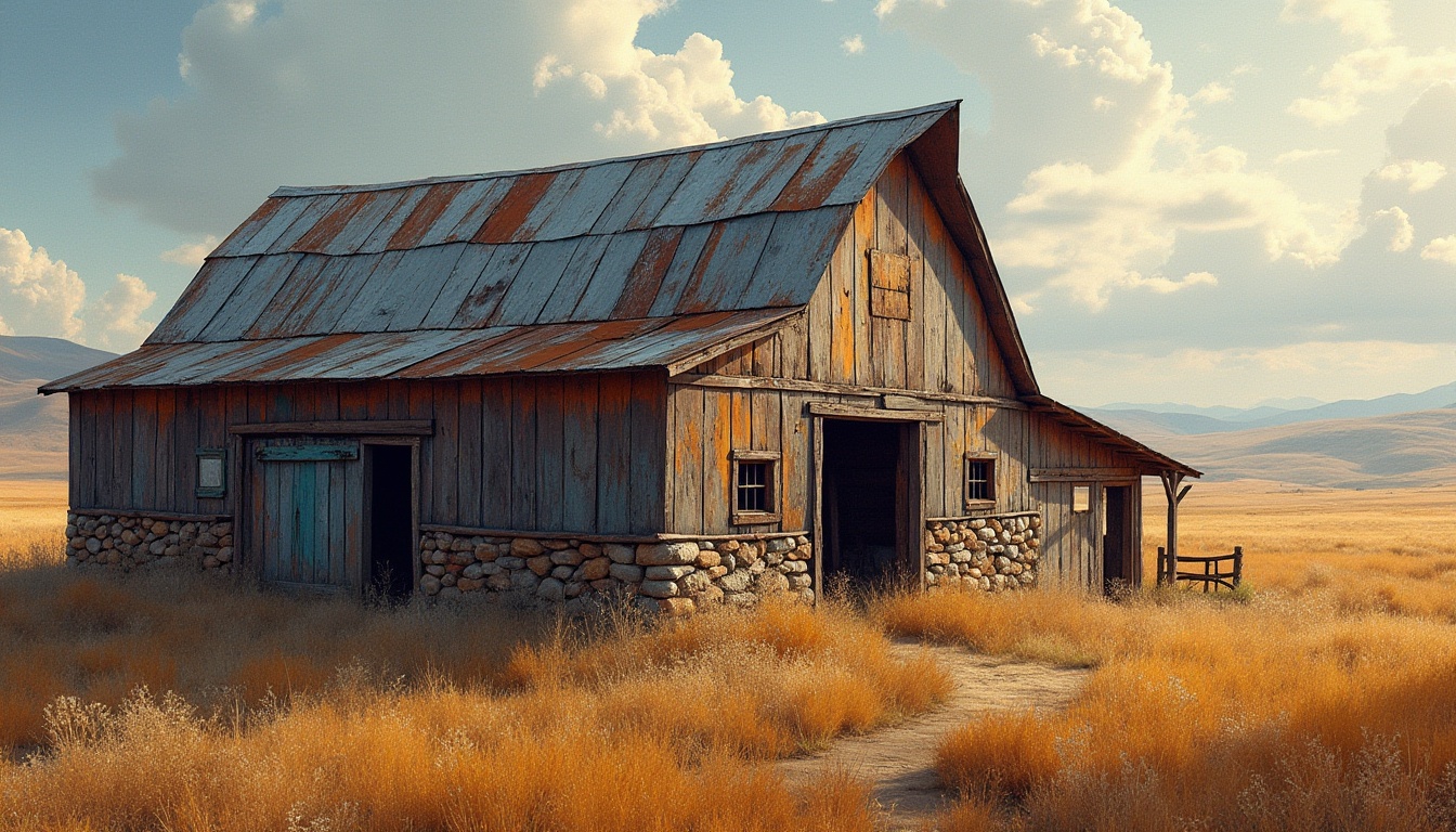 Prompt: Rustic barn, weathered wooden planks, distressed metal roofs, worn stone walls, earthy tones, natural textures, organic forms, expressive brushstrokes, bold color palette, vibrant accents, eclectic ornamentation, rural landscape, rolling hills, open fields, dramatic skies, warm sunlight, soft shadows, atmospheric perspective, 1/1 composition, cinematic lighting, high contrast, rich details.