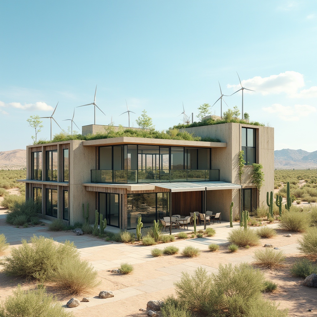 Prompt: Eco-friendly building, green roof, solar panels, wind turbines, water conservation systems, recyclable materials, low-carbon footprint, organic textures, natural stone walls, reclaimed wood accents, bamboo flooring, energy-efficient windows, insulated metal frames, minimalist design, desert landscape, cactus plants, hot sunny day, clear blue sky, vast open space, modern sustainable architecture, sleek metal buildings, reflective glass surfaces, angular lines, innovative cooling technologies, shaded outdoor spaces, misting systems.