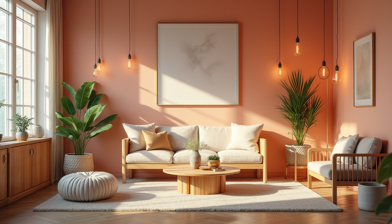 Prompt: Vibrant design studio, modern furniture, pastel color scheme, soft peach walls, rich wood accents, creamy whites, bold typography, natural textiles, earthy tones, industrial chic decor, reclaimed wood floors, Edison bulb lighting, moody shadows, high contrast ratios, dramatic highlights, cinematic composition, atmospheric perspective.