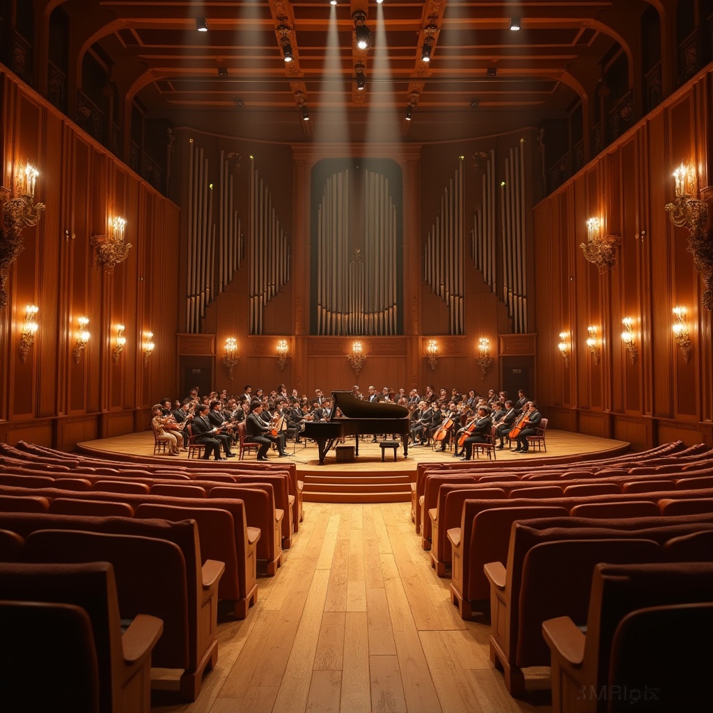 Prompt: Intimate concert hall, wooden flooring, sound-absorbing panels, tiered seating, grand piano, orchestral instruments, velvet curtains, ornate chandeliers, high ceilings, reverberant acoustics, warm golden lighting, shallow depth of field, 1/2 composition, realistic textures, ambient occlusion.