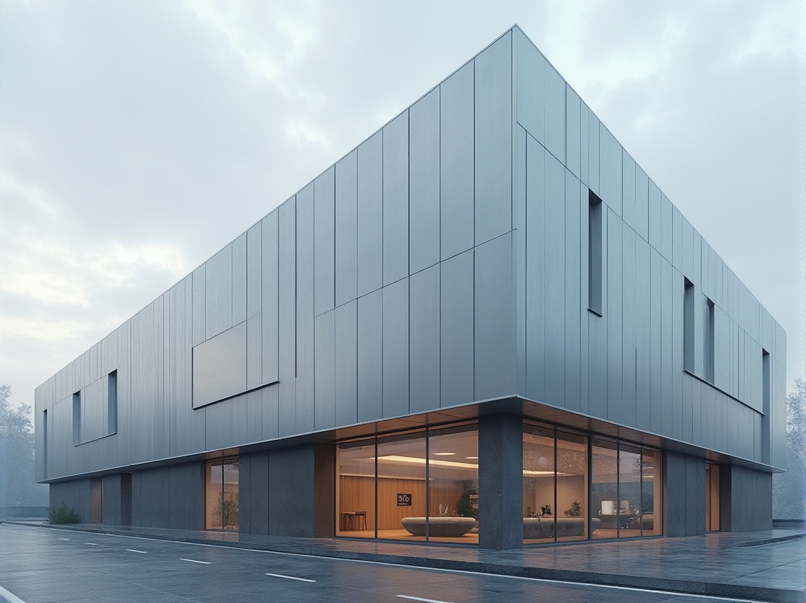 Prompt: Sleek modern building facade, aluminum cladding, industrial-chic aesthetic, durable weather-resistant exterior, metallic silver finish, clean minimalist lines, geometric shapes, urban cityscape, cloudy overcast sky, soft diffused lighting, shallow depth of field, 1/1 composition, realistic reflections, ambient occlusion.