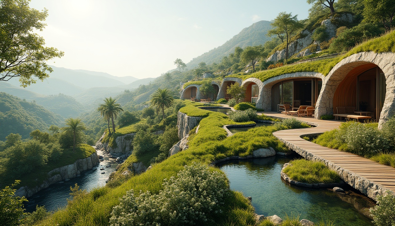 Prompt: Vibrant green roofs, lush vegetation, natural stone walls, wooden decks, scenic overlooks, serene water features, organic curves, modern minimalist architecture, large windows, sliding glass doors, warm sunny day, soft diffused lighting, shallow depth of field, 3/4 composition, panoramic view, realistic textures, ambient occlusion, rolling hills, meandering paths, blooming flowers, tall trees, eco-friendly materials, sustainable design solutions, rainwater harvesting systems, green spaces, outdoor recreational areas.