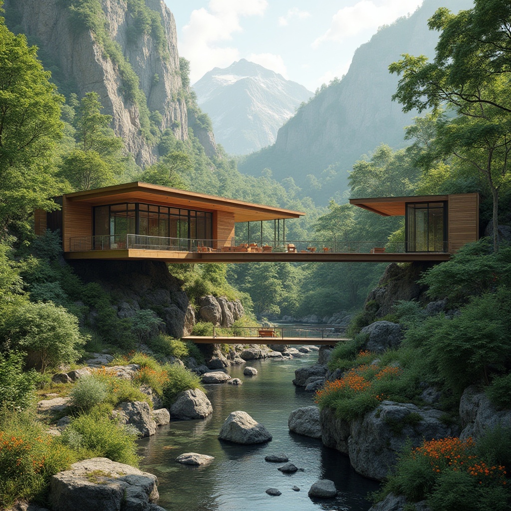 Prompt: Mountainous terrain, lush green forests, winding streams, rustic wooden bridges, modern architecture integration, cantilevered structures, large windows, sliding glass doors, natural stone walls, curved lines, organic forms, sustainable design principles, eco-friendly materials, rainwater harvesting systems, grey water reuse, habitat restoration, native plant species, vibrant wildflowers, warm sunny day, soft diffused lighting, shallow depth of field, 2/3 composition, panoramic view, realistic textures, ambient occlusion.