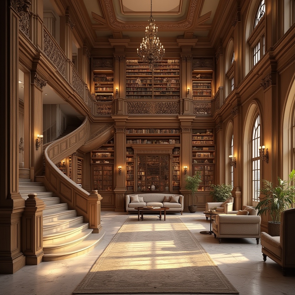 Prompt: Elegant library, grand staircases, ornate railings, rich wood paneling, comfortable seating areas, warm lighting, soft shadows, intricate moldings, textured stone walls, polished marble floors, spacious reading rooms, cozy nooks, natural material palettes, earthy color schemes, subtle patterned rugs, plush furniture upholstery, dramatic ceiling heights, grand chandeliers, warm beige tones, inviting atmosphere, shallow depth of field, 1/2 composition, realistic textures, ambient occlusion.