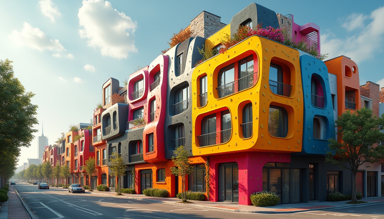 Prompt: Vibrant residential building, bold colorful facades, irregular shapes, dynamic curves, abstract patterns, textured surfaces, exposed brick walls, metal cladding, oversized windows, cantilevered balconies, playful rooflines, whimsical architectural details, expressive artistic elements, futuristic urban landscape, bustling city streets, morning sunlight, soft shadows, 1/2 composition, atmospheric perspective, detailed textures, subtle ambient occlusion.