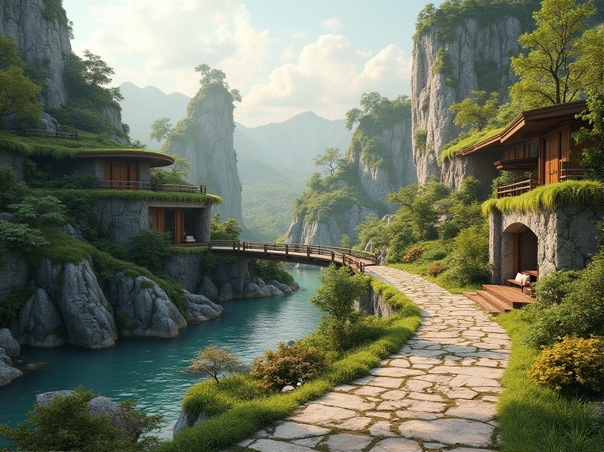 Prompt: Seamless landscape integration, organic curves, natural stone walls, lush green roofs, native plant species, meandering pathways, scenic overlooks, wooden bridges, serene water features, rustic benches, weathered wood accents, earthy color palette, warm sunny day, soft diffused lighting, shallow depth of field, 3/4 composition, panoramic view, realistic textures, ambient occlusion.