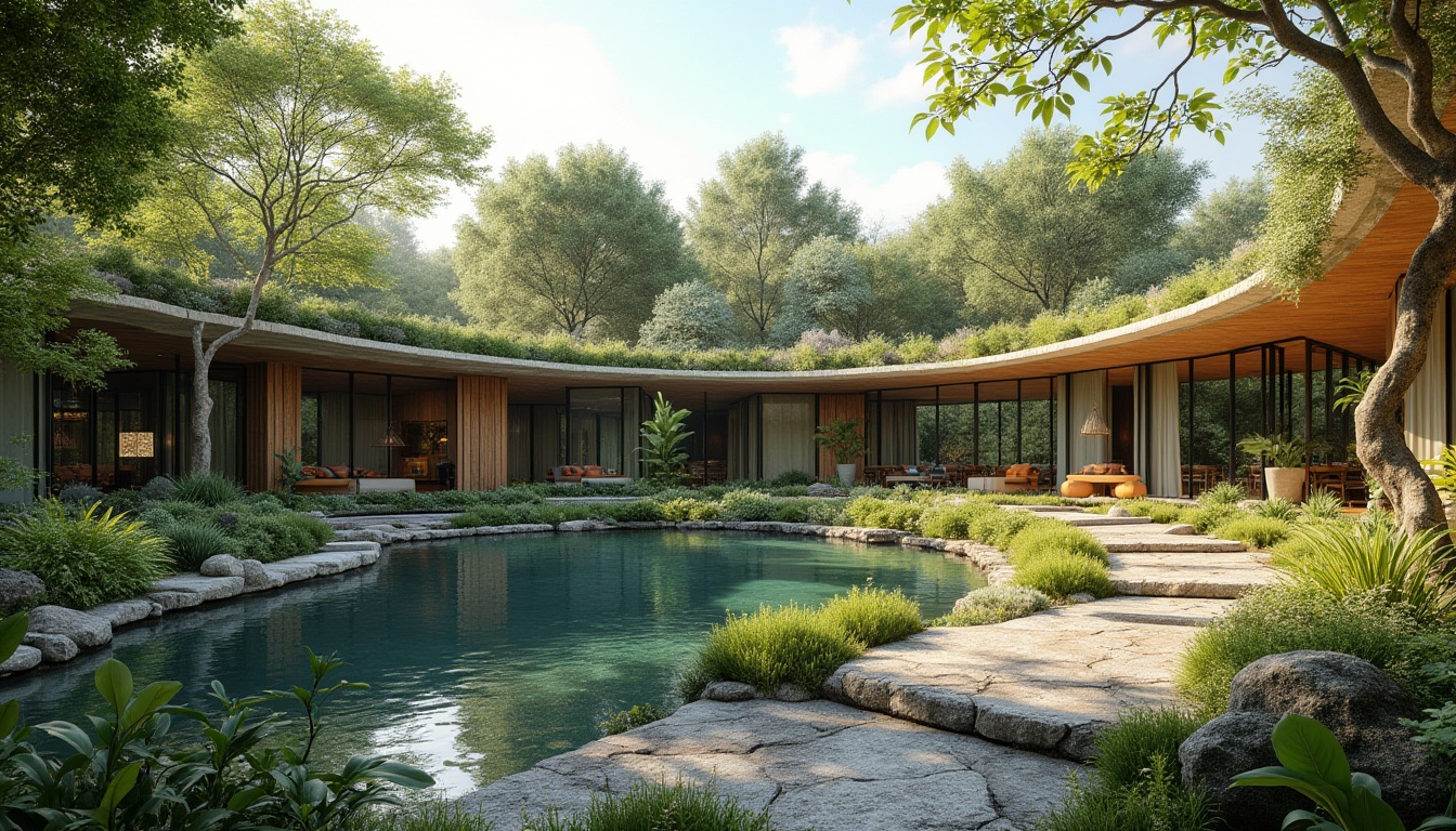 Prompt: Harmonious landscape integration, lush green roofs, native plant species, natural stone walls, curved lines, organic forms, earthy tones, eco-friendly materials, sustainable design principles, seamless transitions, indoor-outdoor connections, floor-to-ceiling windows, sliding glass doors, panoramic views, soft natural lighting, warm color palette, 3/4 composition, atmospheric perspective, realistic textures, ambient occlusion.