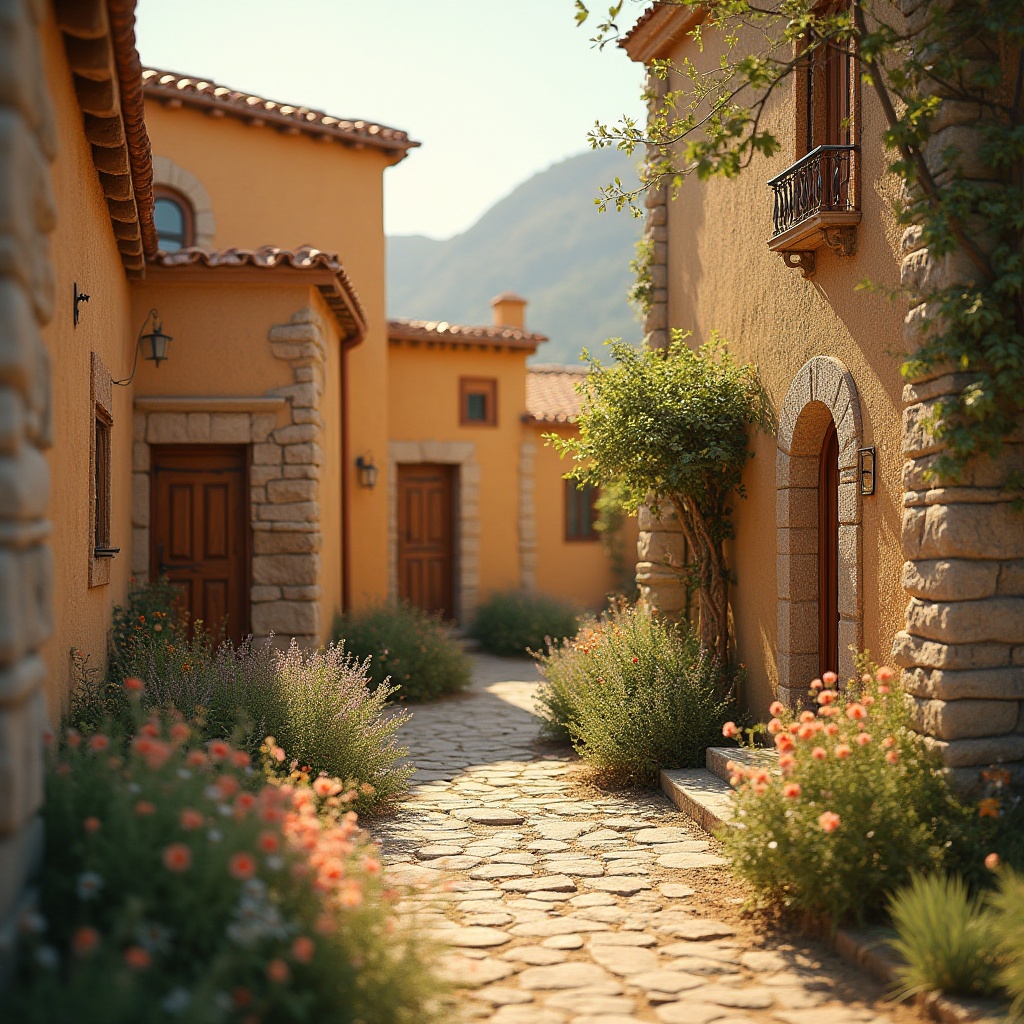 Prompt: Earthy ochre-hued buildings, rustic stone walls, warm beige stucco, terracotta rooftops, natural wood accents, earthy brown doors, soft sienna-toned pathways, lush greenery, vibrant wildflowers, warm golden lighting, soft focus, shallow depth of field, 1/2 composition, intimate atmosphere, realistic textures.