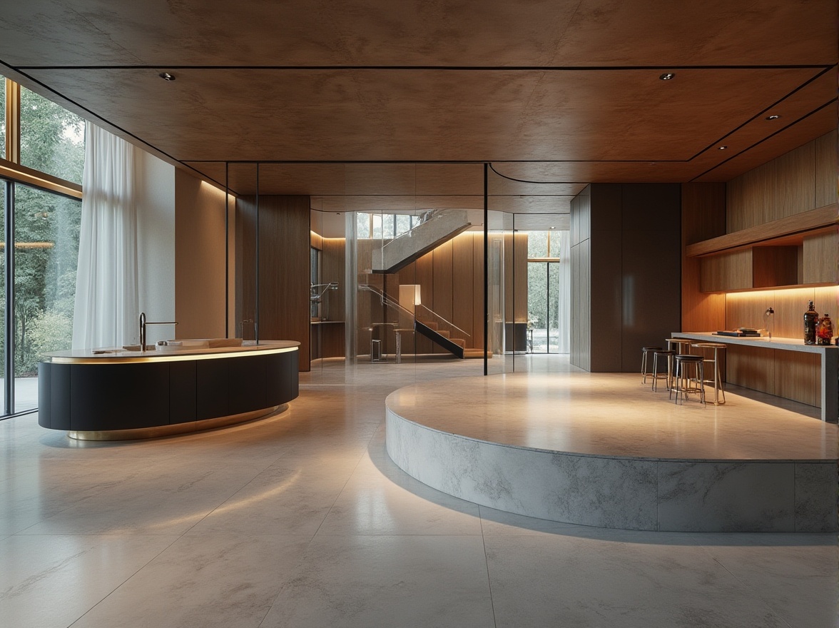 Prompt: Sleek modern architecture, curved lines, metallic accents, polished chrome, glass surfaces, minimalist decor, monochromatic color scheme, bold accent walls, neutral background tones, rich wood textures, soft ambient lighting, 1/1 composition, shallow depth of field, realistic reflections, atmospheric perspective.