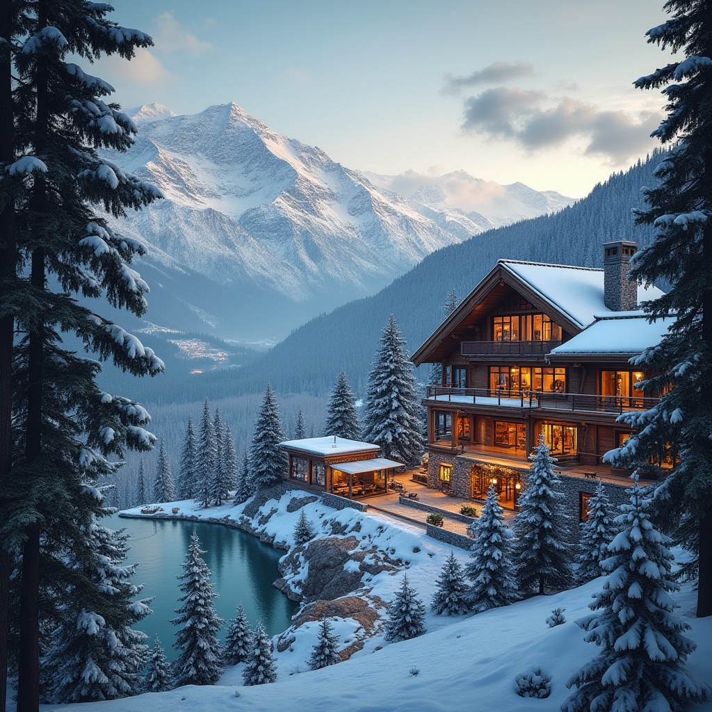 Prompt: Snow-capped mountains, serene alpine lakes, lush green forests, ski lifts, chairlifts, gondolas, snowmaking machines, rustic wooden chalets, modern ski resort architecture, grand entrance halls, warm fireplaces, cozy lounges, large windows, breathtaking views, natural stone walls, wooden beams, ambient lighting, shallow depth of field, 3/4 composition, panoramic view, realistic textures, ambient occlusion.