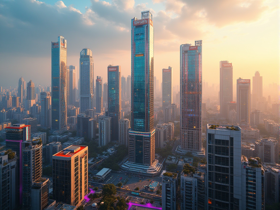 Prompt: Vibrant cityscape, modern skyscrapers, glass towers, metallic accents, bold color blocking, contrasting hues, neutral background tones, pop of bright colors, dynamic urban atmosphere, warm golden lighting, high-contrast shadows, 1/1 composition, central vanishing point, realistic reflective surfaces, ambient occlusion, detailed textures.