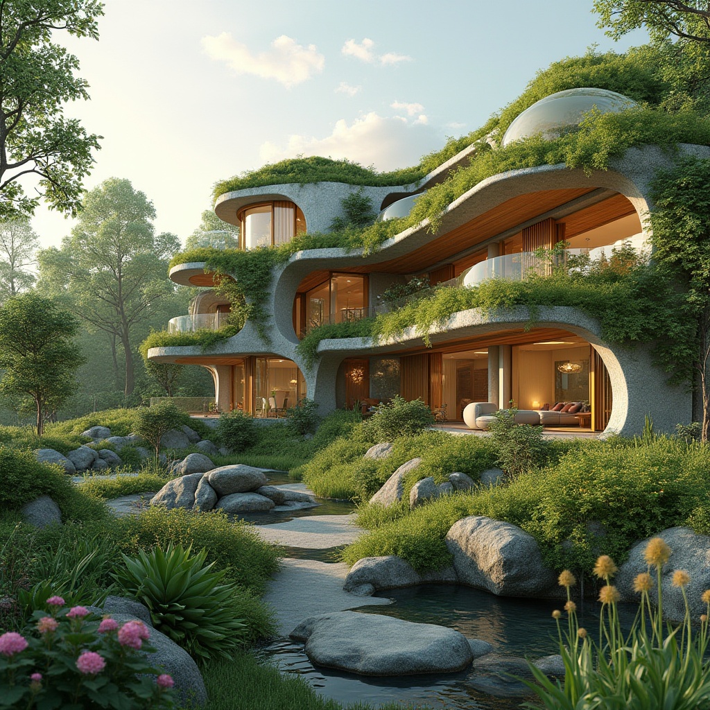 Prompt: Seamless blend of architecture and nature, lush green roofs, living walls, natural stone facades, wooden accents, organic shapes, curved lines, minimal environmental impact, sustainable design, energy-efficient systems, solar panels, rainwater harvesting, green spaces, thriving vegetation, vibrant wildflowers, serene water features, peaceful ambiance, soft warm lighting, shallow depth of field, 3/4 composition, panoramic view, realistic textures, ambient occlusion.