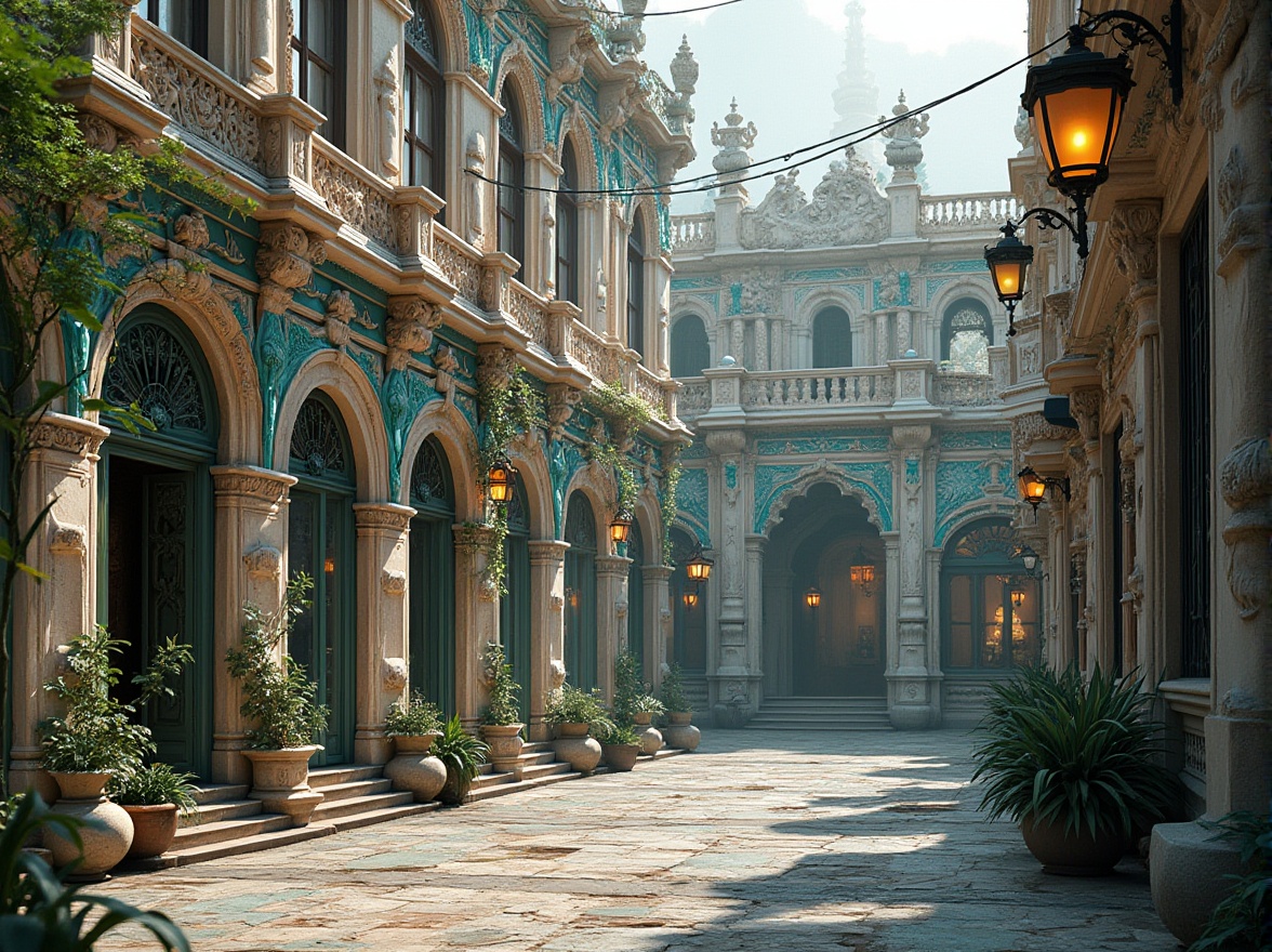 Prompt: Intricate ornate facades, flowing organic lines, sinuous curves, vibrant turquoise accents, ornamental ironwork, grand entranceways, majestic arched windows, decorative balconies, foliate motifs, stylized botanical patterns, richly textured stone walls, glazed ceramic tiles, soft warm lighting, atmospheric misty morning, 1/2 composition, dramatic perspective view, high-contrast rendering, intricate architectural details.