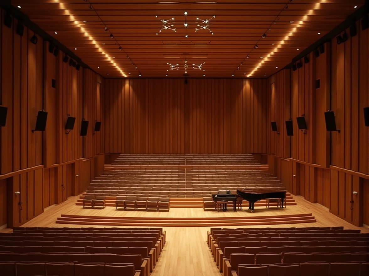 Prompt: Intimate concert hall, wooden acoustic panels, sound-absorbing materials, tiered seating, grand piano, professional audio equipment, soft warm lighting, shallow depth of field, 3/4 composition, panoramic view, realistic textures, ambient occlusion, premium leather seats, elegant chandeliers, sophisticated decor, minimalist design, state-of-the-art technology, optimal sound diffusion, clear high-fidelity audio, immersive experience.