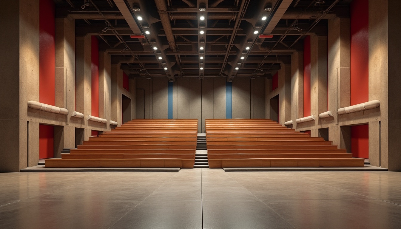 Prompt: Bauhaus-style auditorium, rectangular shape, minimal ornamentation, industrial materials, exposed ductwork, concrete floors, steel beams, functional lighting, geometric shapes, bold color accents, angular lines, minimalist seating, wooden benches, subtle texture variation, warm ambient lighting, shallow depth of field, 1/2 composition, realistic rendering, detailed reflections.