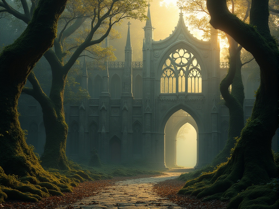 Prompt: Mystical forest surroundings, twisted tree branches, overgrown ivy, ancient stone walls, grandiose cathedral architecture, pointed arches, ribbed vaults, flying buttresses, stained glass windows, intricate carvings, mystical statues, foggy atmosphere, warm golden lighting, shallow depth of field, 1/1 composition, symmetrical framing, realistic textures, ambient occlusion.