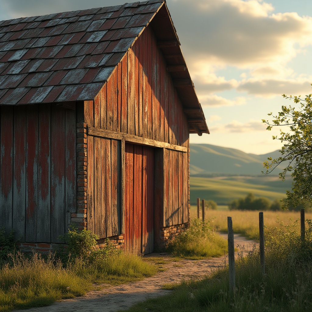 Prompt: Rustic barn, weathered wooden planks, earthy tones, warm beige, rich brown, muted red, soft golden light, natural textures, distressed finishes, vintage metal accents, aged brick walls, nostalgic ambiance, serene countryside, rolling hills, lush greenery, wispy clouds, warm sunny day, soft focus, shallow depth of field, 1/2 composition, intimate view.