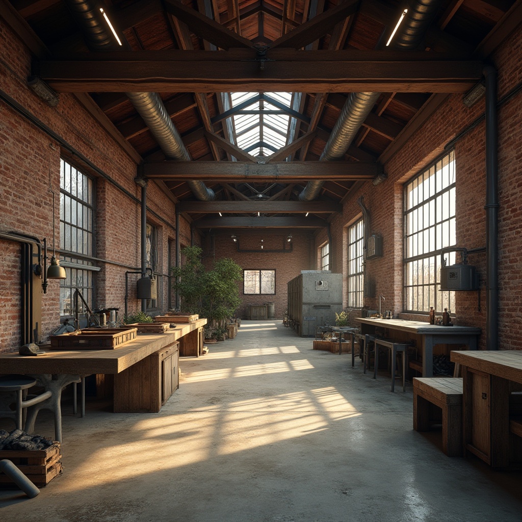 Prompt: Rustic warehouse interior, exposed brick walls, distressed wooden beams, metal frames, industrial pipes, concrete flooring, vintage machinery, reclaimed wood accents, earthy color palette, soft natural lighting, atmospheric shadows, cinematic composition, realistic textures, ambient occlusion.