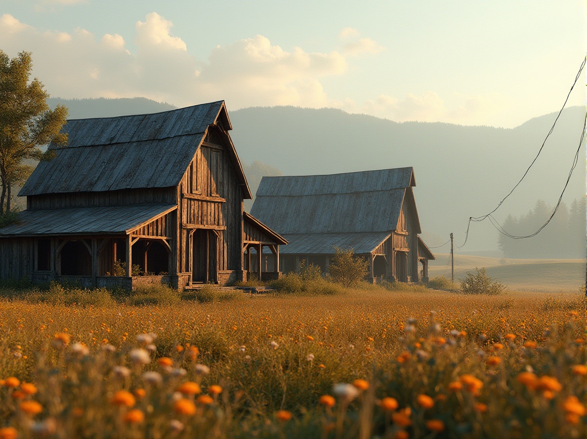 Prompt: Rustic barns, asymmetrical silhouettes, dramatic rooflines, exposed wooden beams, weathered metal roofs, distressed textures, earthy color palette, rural landscape, rolling hills, wildflower meadows, sunny afternoon, soft warm lighting, atmospheric fog, 1/2 composition, low-angle shot, realistic renderings, ambient occlusion.