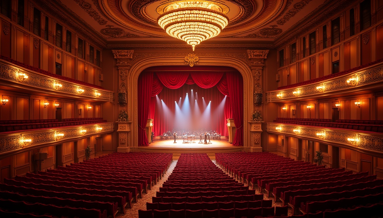 Prompt: Vibrant concert hall, rich wood tones, bold red curtains, warm golden lighting, luxurious velvet seats, ornate balconies, grand chandeliers, high ceilings, marble floors, elegant staircases, sophisticated interior design, dramatic spotlights, dynamic sound systems, electric atmosphere, energetic crowds, lively performances, urban cityscape, bustling streets, trendy nightlife.