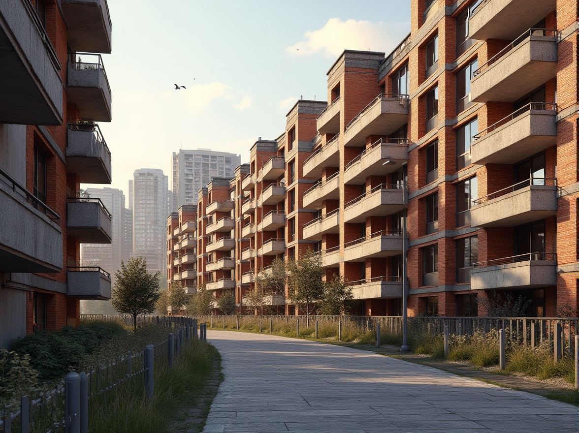 Prompt: Brick facade, social housing complex, structuralist architecture, brutalist elements, rugged concrete textures, angular balconies, repetitive window patterns, minimalist aesthetic, functional design, community-focused layout, accessible walkways, vibrant street art, urban landscape, sunny day, soft warm lighting, shallow depth of field, 3/4 composition, panoramic view, realistic textures, ambient occlusion.