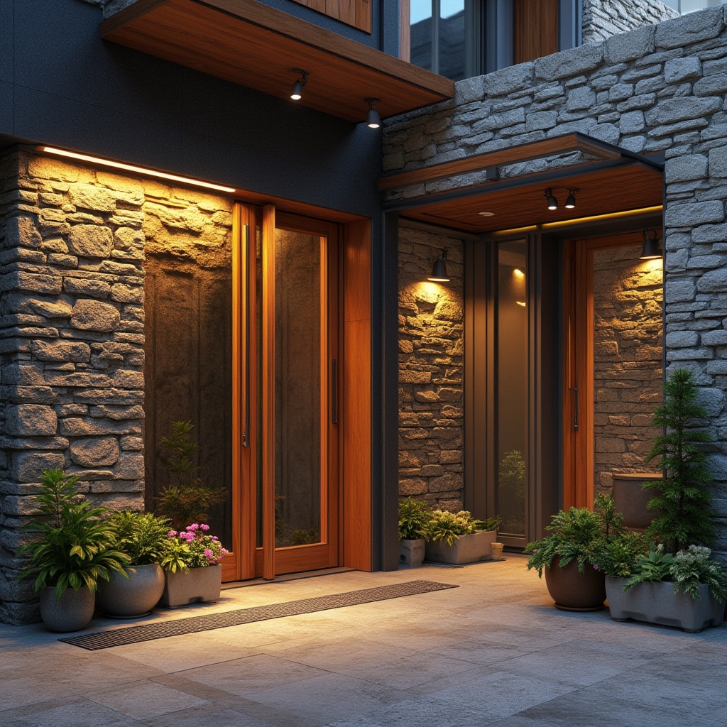 Prompt: Rustic stone cladding, rich wooden accents, sleek metal trim, ornate ceramic tiles, vibrant color schemes, dynamic LED lighting, futuristic glass facades, minimalist concrete walls, intricate masonry patterns, natural stone textures, ambient shadowing, soft warm glow, 1/1 composition, shallow depth of field, realistic reflections.